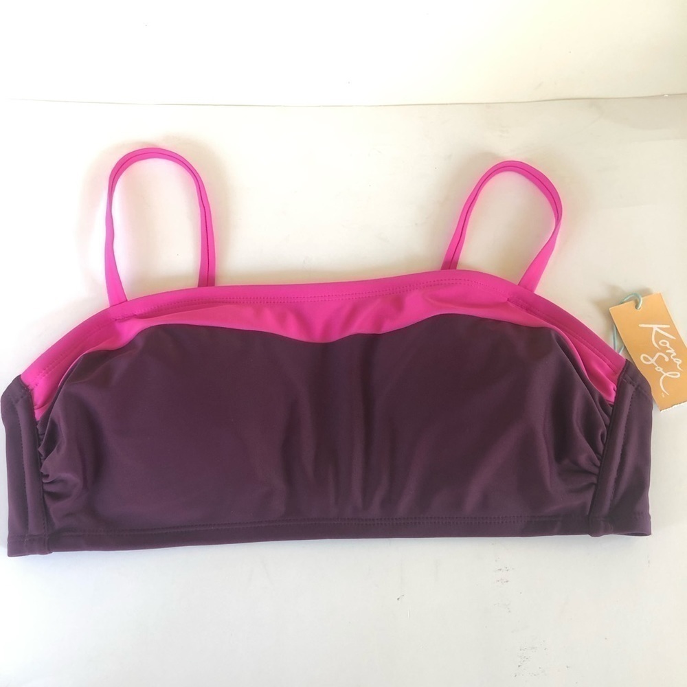 Kona Sol Women's Burgundy Hot Pink Colorblock Bandeau Bikini Top  Size L